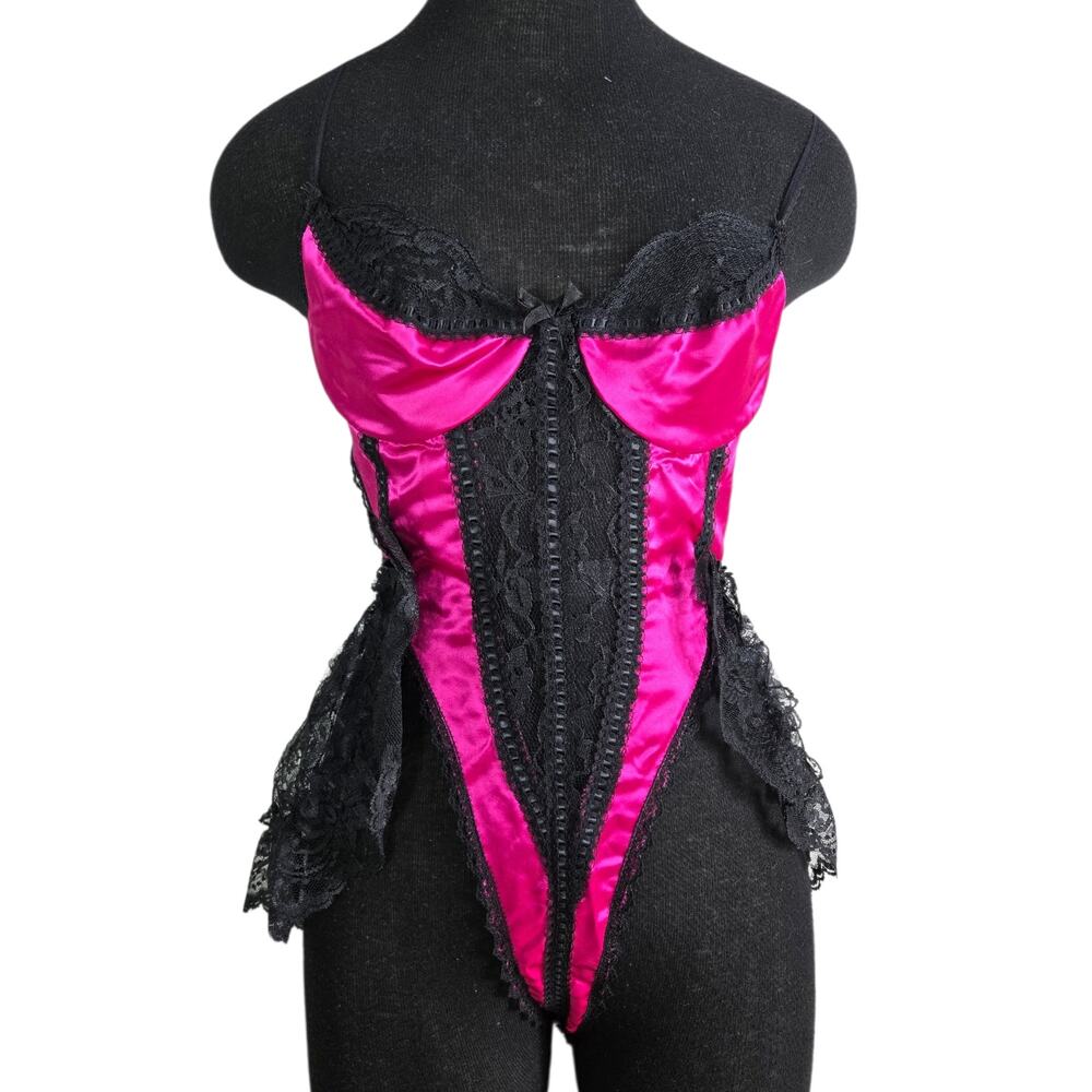 Vintage Fredericks of Hollywood Bodysuit Pink Teddy String Floss Thong One Size